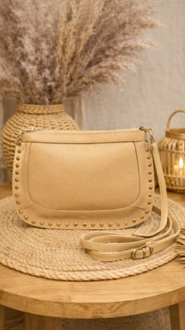 Lederen Crossbody Tas met Gouden Studs - Beige