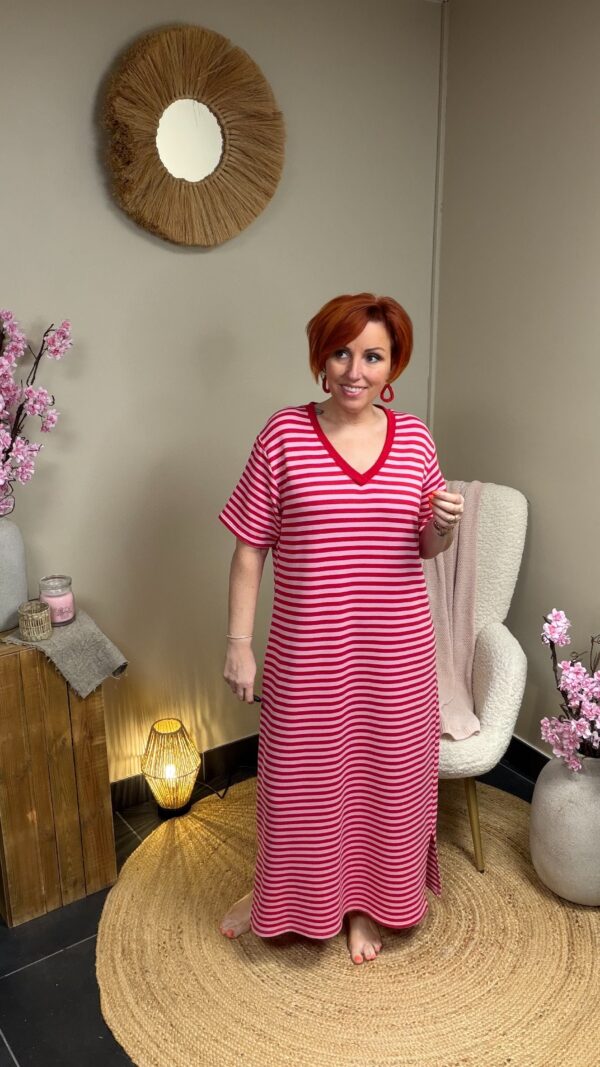 Gestreepte Maxi Jurk met V-Hals Rood/Roze