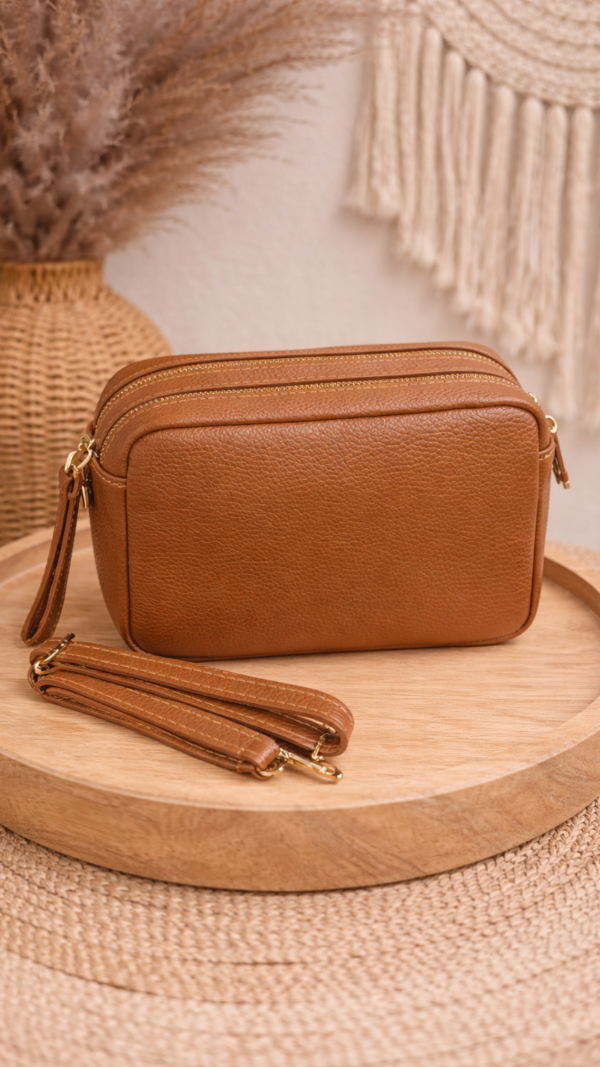 Lederen Crossbody dubbele rits Cognac