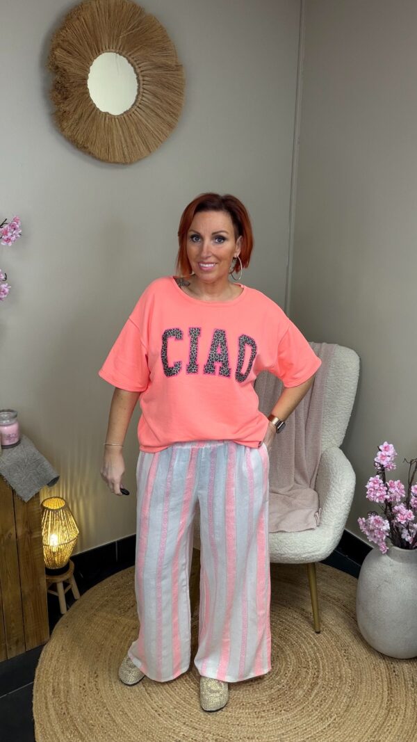 Neon gestreepte wide leg broek - Neon Koraal