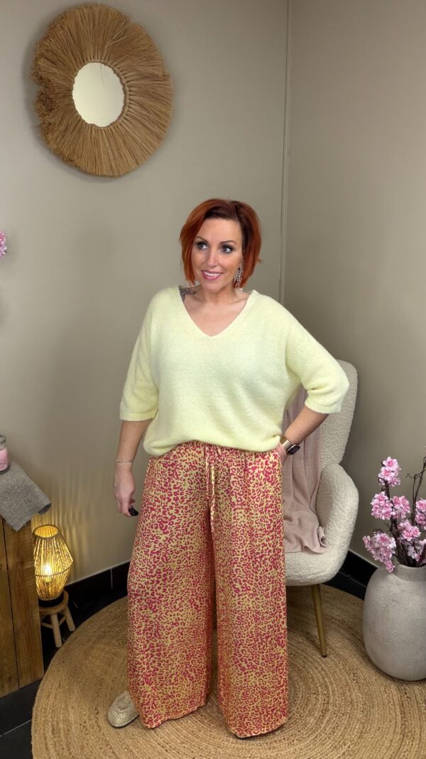 Geel-Roze Leopard Wide Leg Broek