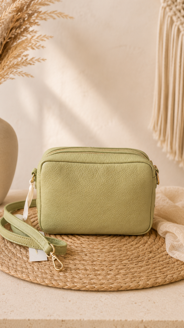 Lederen Crossbody dubbele rits Pistache