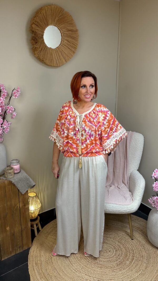 Terra di Siena Linnenlook Wide Leg Broek Beige