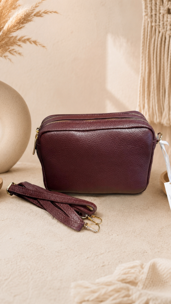 Lederen Crossbody dubbele rits - Burgundy